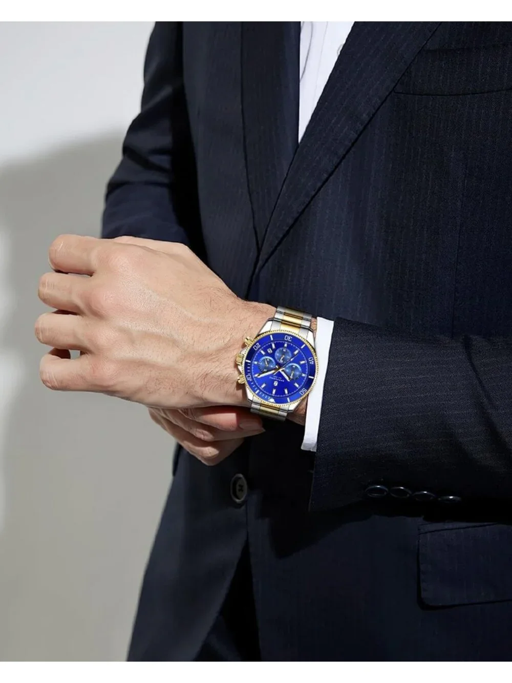 Men's Gold and Blue Chronograph Stainless Steel Waterproof Quartz Wrist Watch